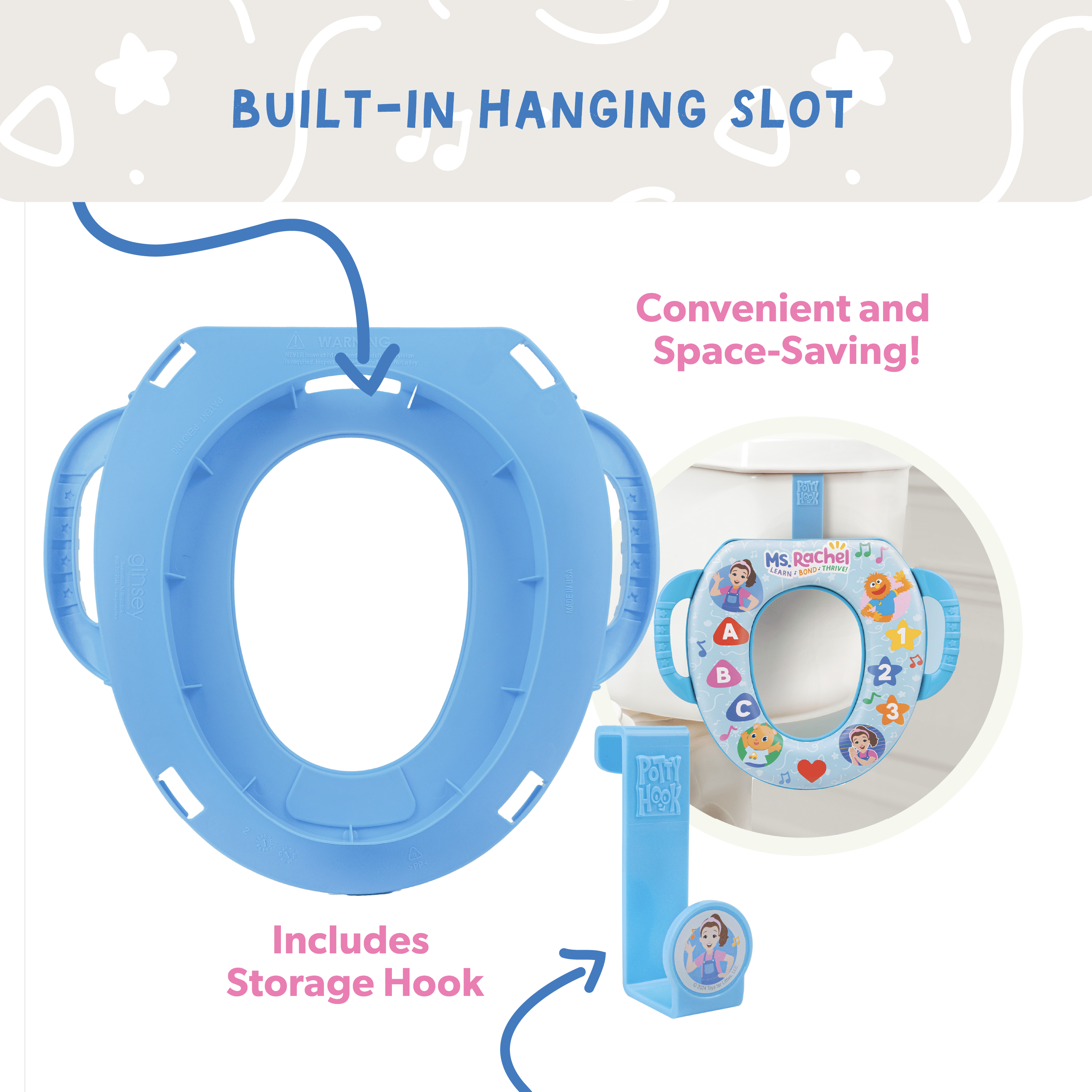 Ms Rachel Soft Potty Training Seat for Toddlers with Hanging Hook, Fits Standard Toilets