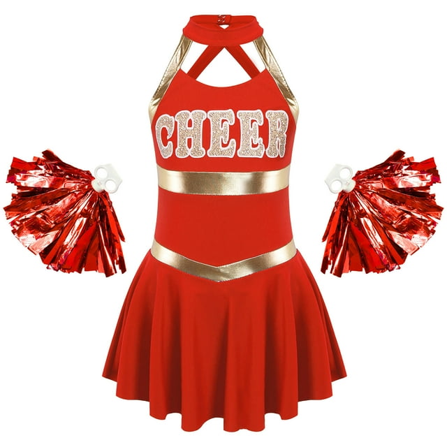Yanarno Costume de Pom-Pom Girl pour Filles Sans Manches à Lettres Imprimées Uniforme de Cheerleading Robe Plissée avec Pompons Rouge 6