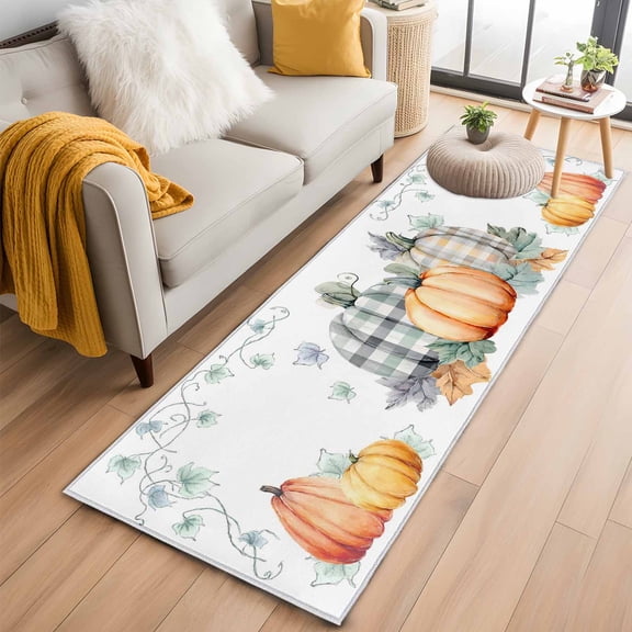 Fall Pumpkins 2'x6' Runner Rugs for Hallway Kitchen Bedside Non Slip Washable, Thanksgiving Country Maple Leaf Plant Entryway Rug Runners with Rubber Backing, Long Carpet Runner for Laundry Room