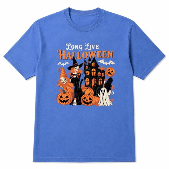 Long Live Halloween Haunted House Graphic T-Shirt, Vintage Witch Ghost Pumpkin and Black Cat Spooky Season Design Tee for Adults