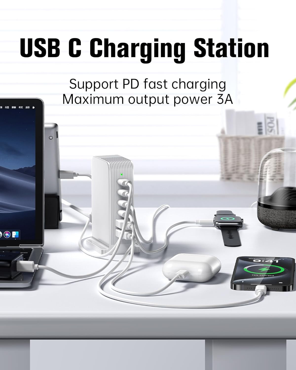 VHBW USB C Charger 6 Port Block,55W USB Tower Charging Station for iPhone 15/14/13/12, iPad, Google Pixel and Multiple Devices