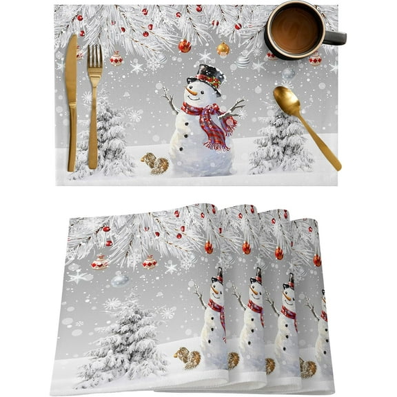 Snowman Placemats Set of 6, Grey Merry Christmas Tree Red Balls Squirrel Heat Resistant Washable Table Place Mats Winter Cotton Table Linens Party Holiday Decor for Kitchen Dining Outdoor Indoor