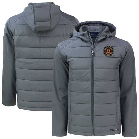 Men's-Cutter & Buck Charcoal Atlanta United FC Evoke Hybrid Eco Softshell Recycled Full-Zip Hooded Jacket
