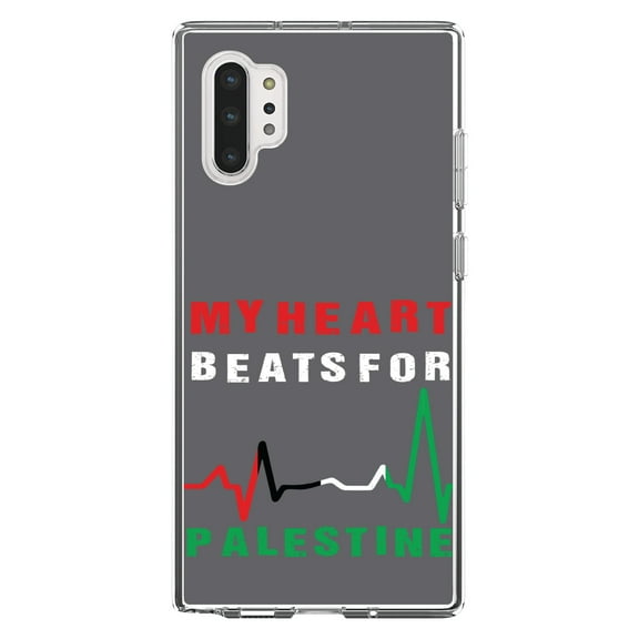 DistinctInk Clear Shockproof Hybrid Case for Galaxy Note 10 PLUS (6.8" Screen) - TPU Bumper, Acrylic Back, Tempered Glass Screen Protector - My Heart Beats for Palestine