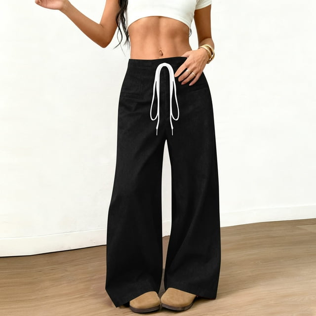 Pincandy Women's Solid Color Faux Suede Elastic Waist Wide Leg Pants - High Stretch Casual Loose Fit with Pockets, Perfect for Daily Wear & Weekend Getaways