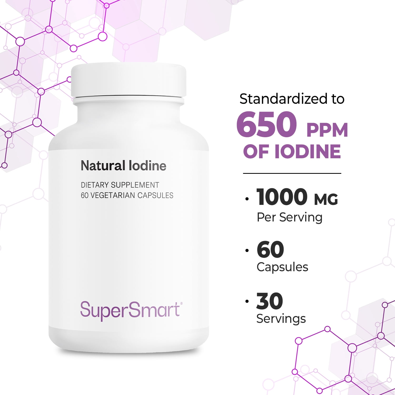 SuperSmart - Natural Iodine 1000mg per Day (Patented & High Strength) - Pure Sea Kelp Iodine Supplement - 650ppm of Iodine | Non-GMO & Gluten Free - 60 Vegetarian Capsules