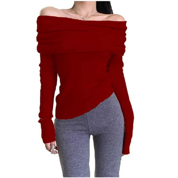 TINZ Off The Shoulder Collarbone Long Sleeved One Shoulder Knit Sweater Women's Spring And Autumn One Neck Undershirt And Top Mens Comfy Sweater Straight Outta Cold Soft Sweatshirt