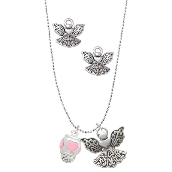 Delight Jewelry Silvertone Pink Heart Spinner Silver tone Guardian Angel Charm Necklace and Stud Earrings