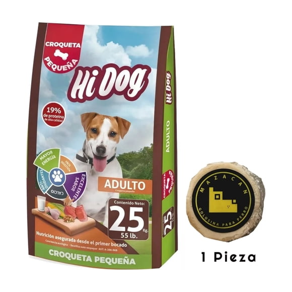 Hi-Dog Adulto Croqueta Pequeña 25 kg + Mazacan Para Perro 1 pza