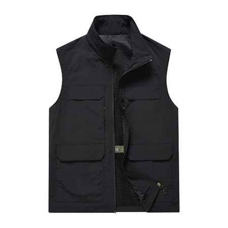 safuny Fall Sleeveless Stand Collar Lightweight Fishing Travel Vest for Men Golf Jacket Multi Pockets Zipper Outerwear Vests Photo Cargo Vest Hiking Workout Black M