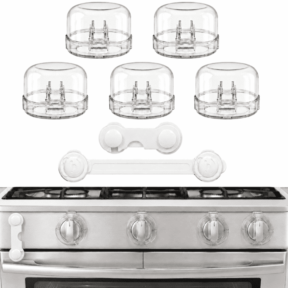 Stove Knob Safety Covers, 5 Clear Heat-Resistant Gas Stove Knob Covers with 2 Appliance Safety Locks, Kitchen Safety Set