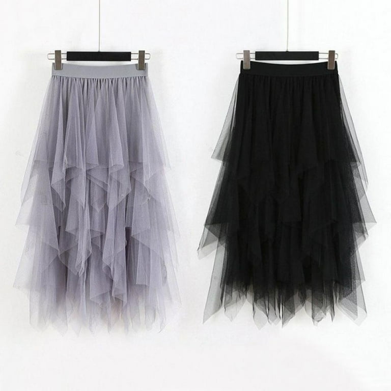 Women Midi Skirt Tulle Skirt Mesh Pleated Elastic High Waist