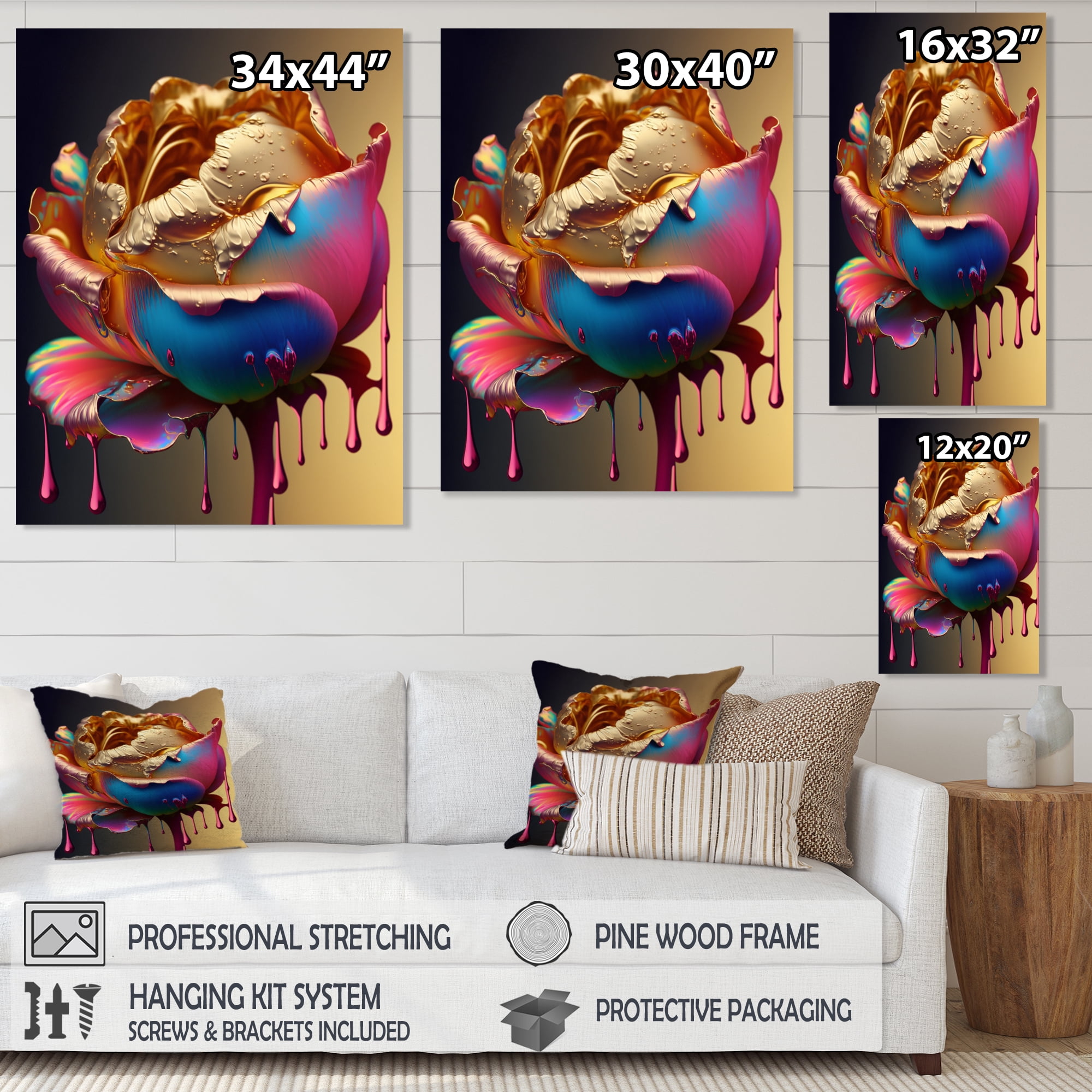 Designart Rainbow Peony Liquid Gold Drips Hyper VI Canvas Wall Art