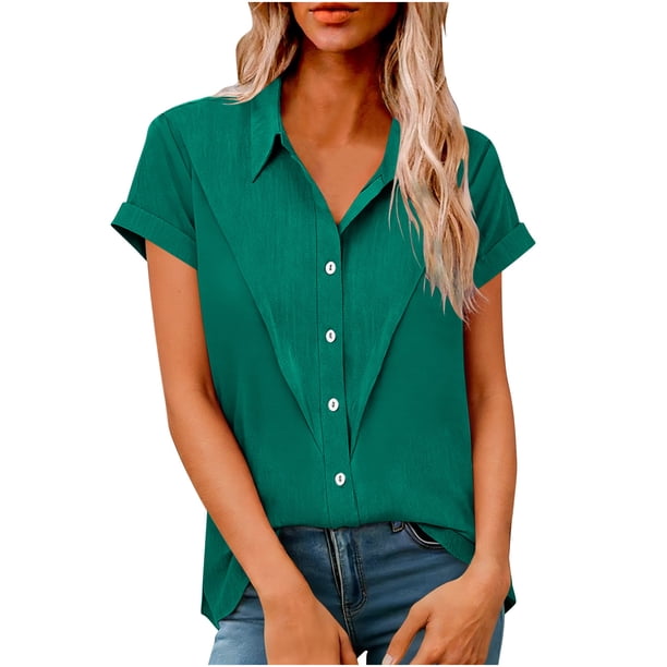 Camisas de Manga Larga para las Mujeres Suelto Ajuste Solapa Botón de Manga Corta Imitación Túnica de Lino, Camisas de Manga Larga para las Mujeres Bajo Scrubs Blusa Casual