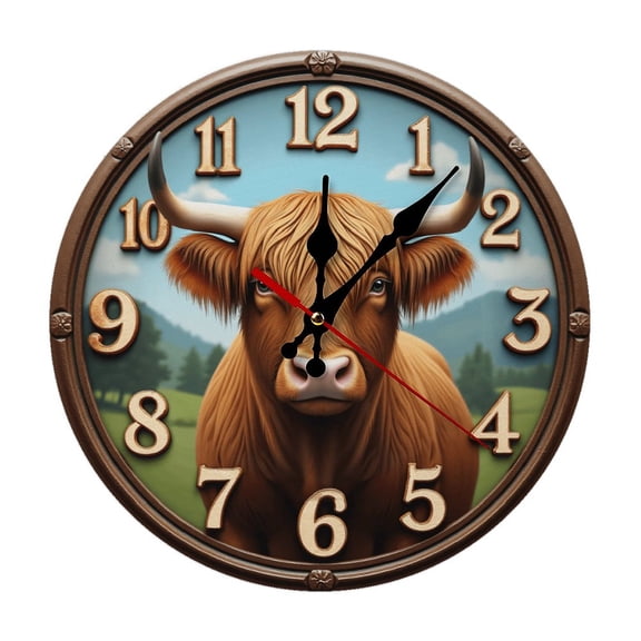 Highland Cattle Cow Wall Clock 10 Inch Silent Non Ticking Round Clock Decoration for Living Room Kitchen Bedroom Bathroom Office Classroom
