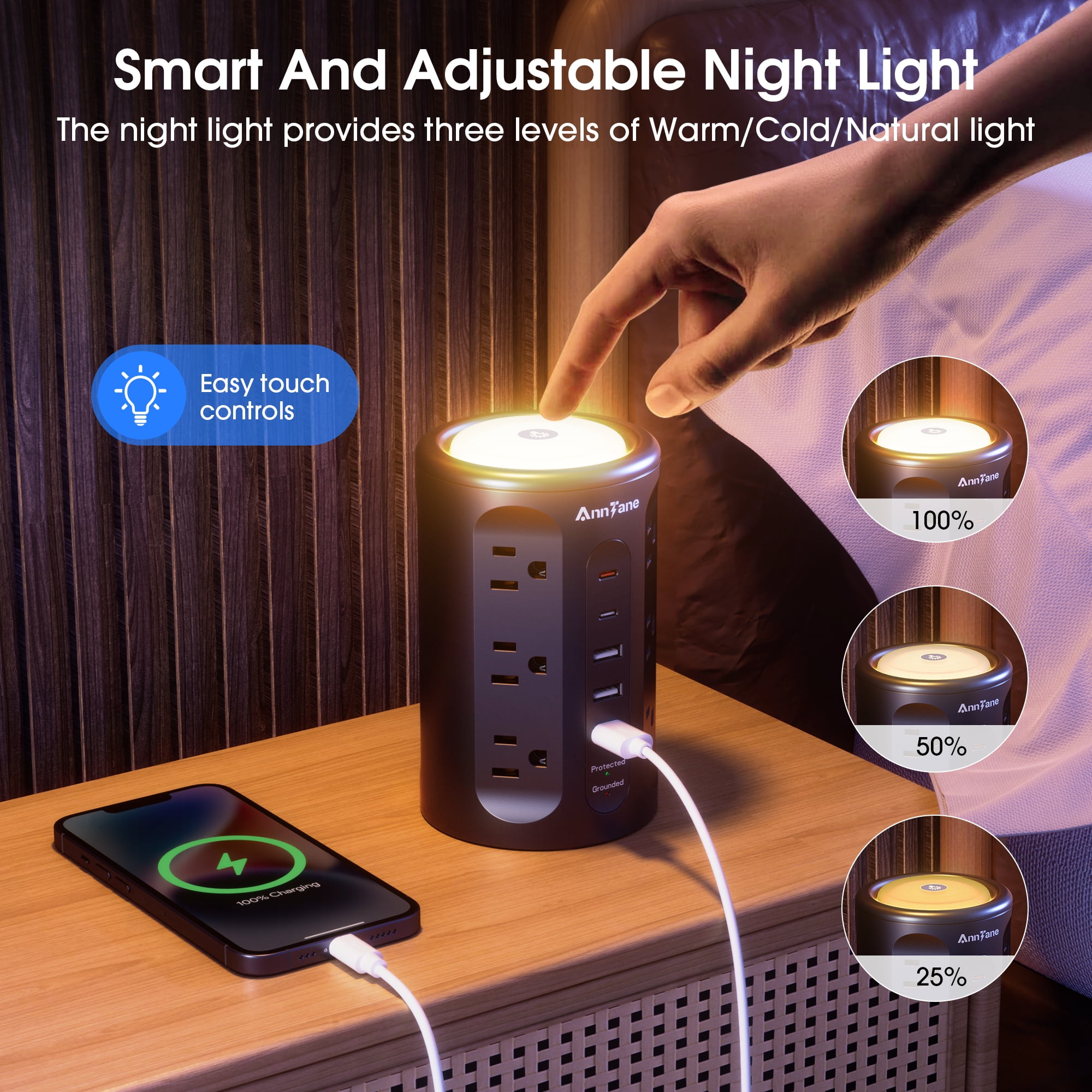 12 Outlets Power Strip Tower with Night Light, Surge Protector with 5 USB(4U+2C) Ports 10 FT Extension Cord