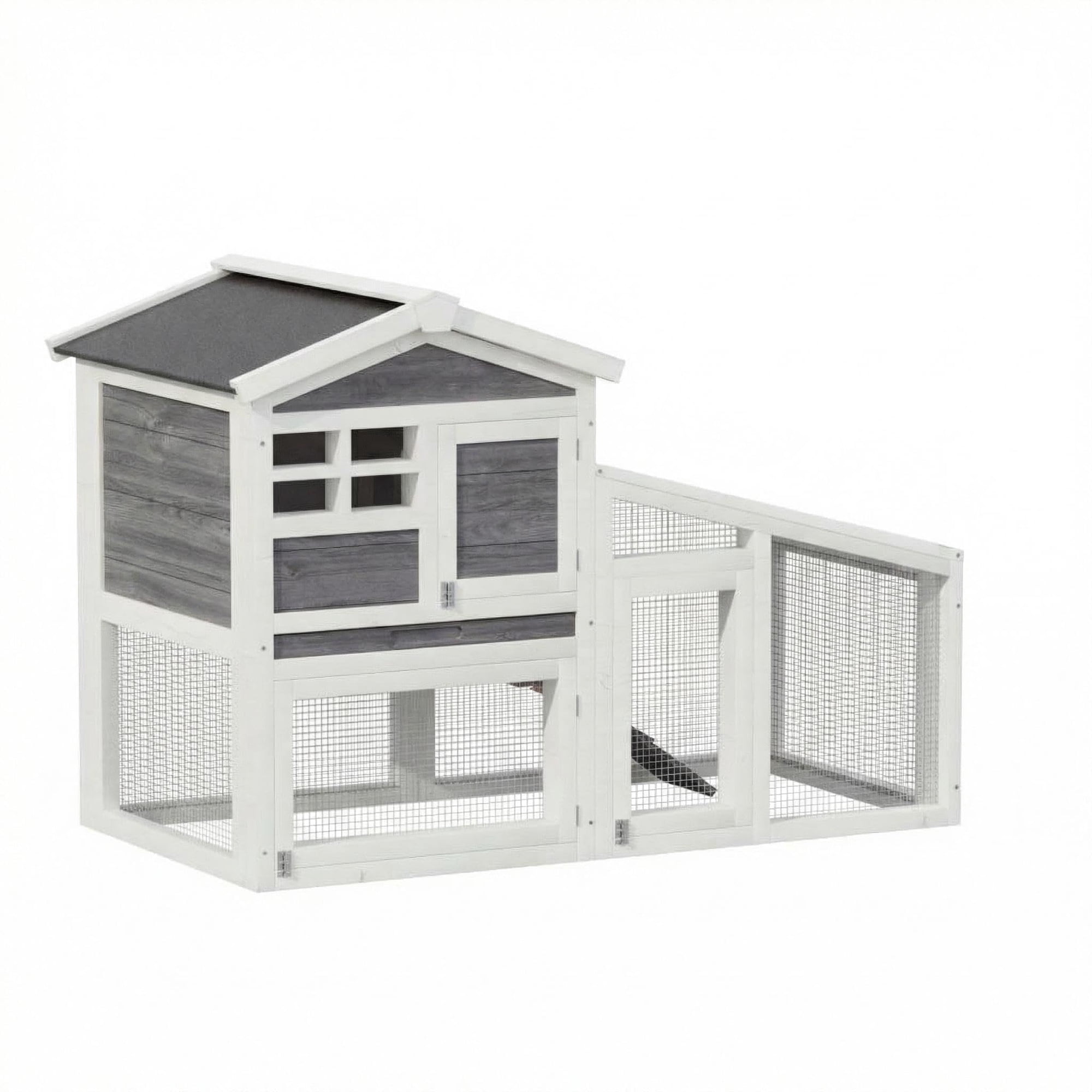 Expandable 2-Story Wooden Small Animal Cage – Anti-Chew Metal Frame, Removable Tray, Non-Slip Ramp, Weatherproof Asphalt Roof – Hutch for Rabbits, Guinea Pigs, Chickens, Ducks – Gray