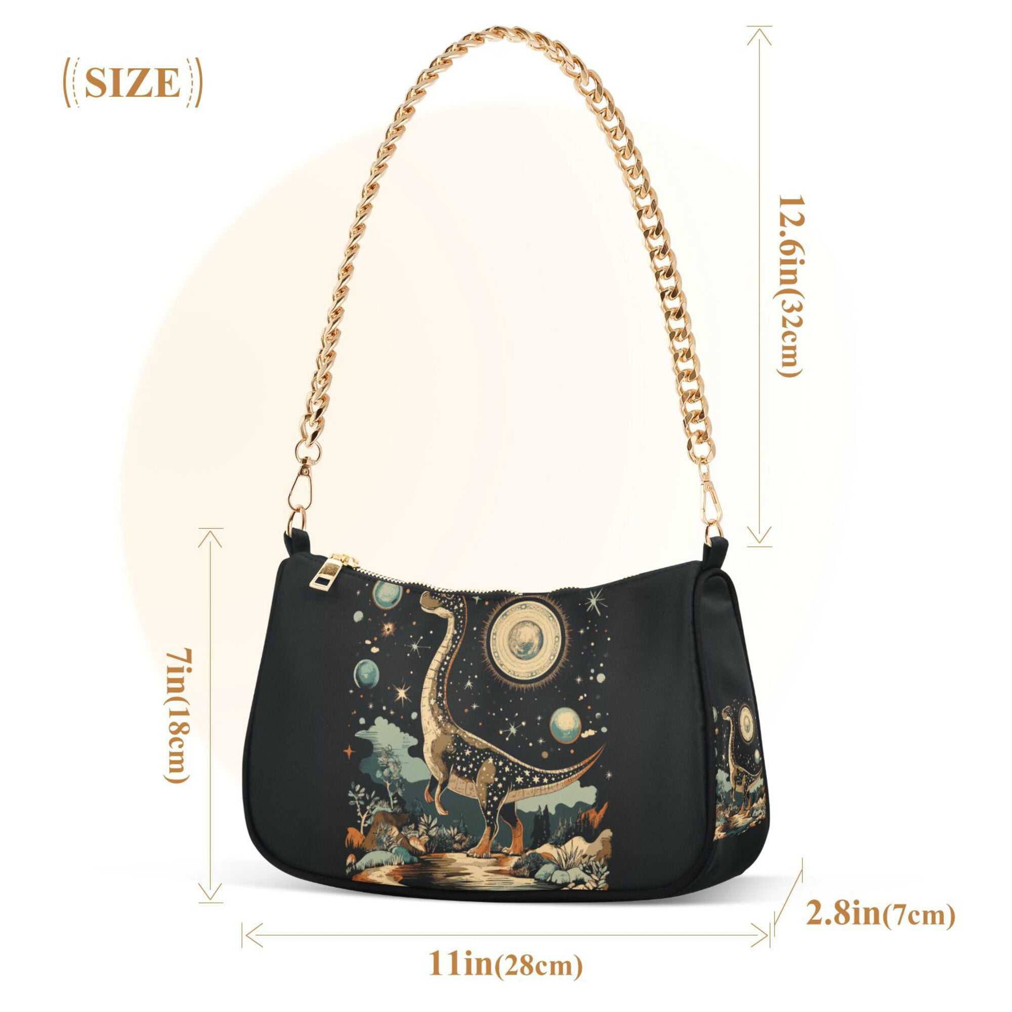 FORMRS Womens Shoulder Bag with Chain Strap Clutch Purse Cute Tote Handbag, Black Dinosaur