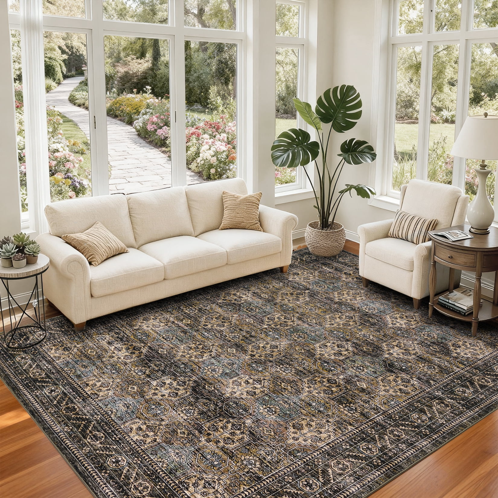 Hasoo 9' x 12' Area Rug for Living Room Boho Vintage Home Decor Washable Non Slip Throw Rug Floral Bedroom Indoor Carpet, Beige
