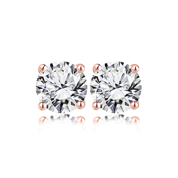 Pendientes Tipo Botón JeenMata 4 Puntas con Diamantes Redondos 0,38 Quilates Baño de Oro Rosa de 18 K sobre Plata