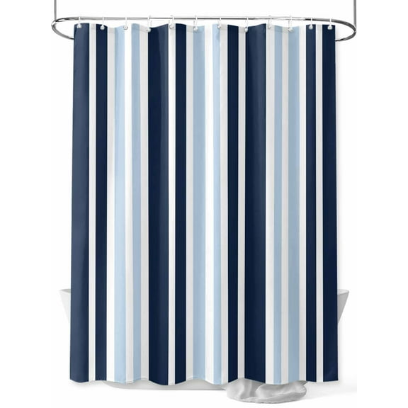 Navy Blue Shower Curtain Set, Waterproof Shower Curtains for Bathroom, Modern White Geometric Vertical Stripes Washable Fabric Cloth Bath Curtain for Bathtub Decoration with Hooks 48x72 Inches
