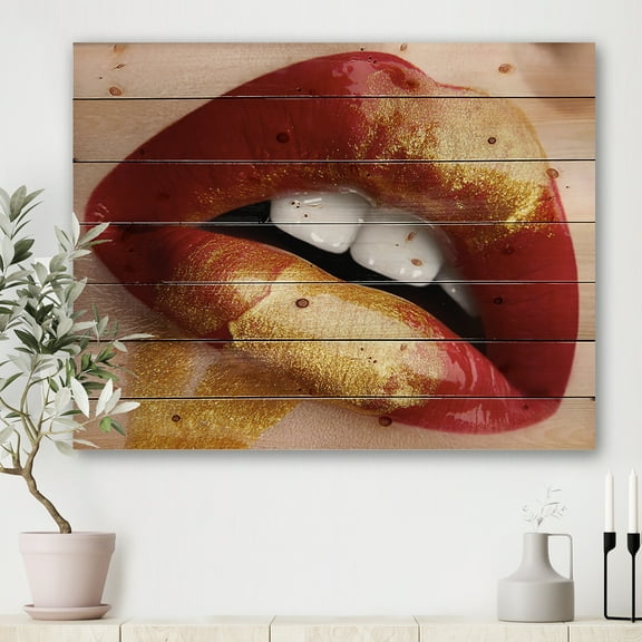 Designart 'Plump Woman Lips With Gold and Red' Modern Print on Natural Pine Wood