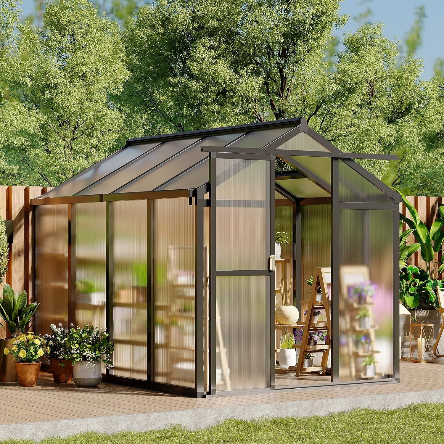 Heavy-Duty Walk-In Greenhouse 6x8 FT - Aluminum Frame, Polycarbonate Panels, Roof Vent, Lockable Sliding Door - Outdoor Garden, Patio, Sunroom, Backyard - Black