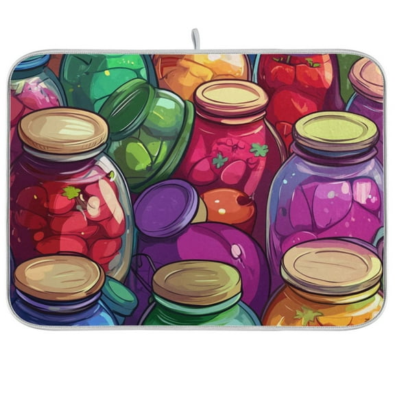 Jam Jars Colorful Dish Drying Mat Dish Drainer Rack Mats Water Absorbent Non-Slip Easy Clean Heat Resistant for Kitchen Counter