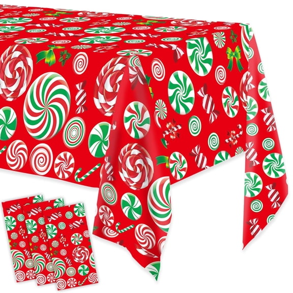 Wowhub 3 Pack Christmas Candy Cane Disposable Tablecloths, 54 x 108 Inch Christmas Candy Swirl Theme Plastic Disposable for Rectangle Tables Christmas Supplies, Red