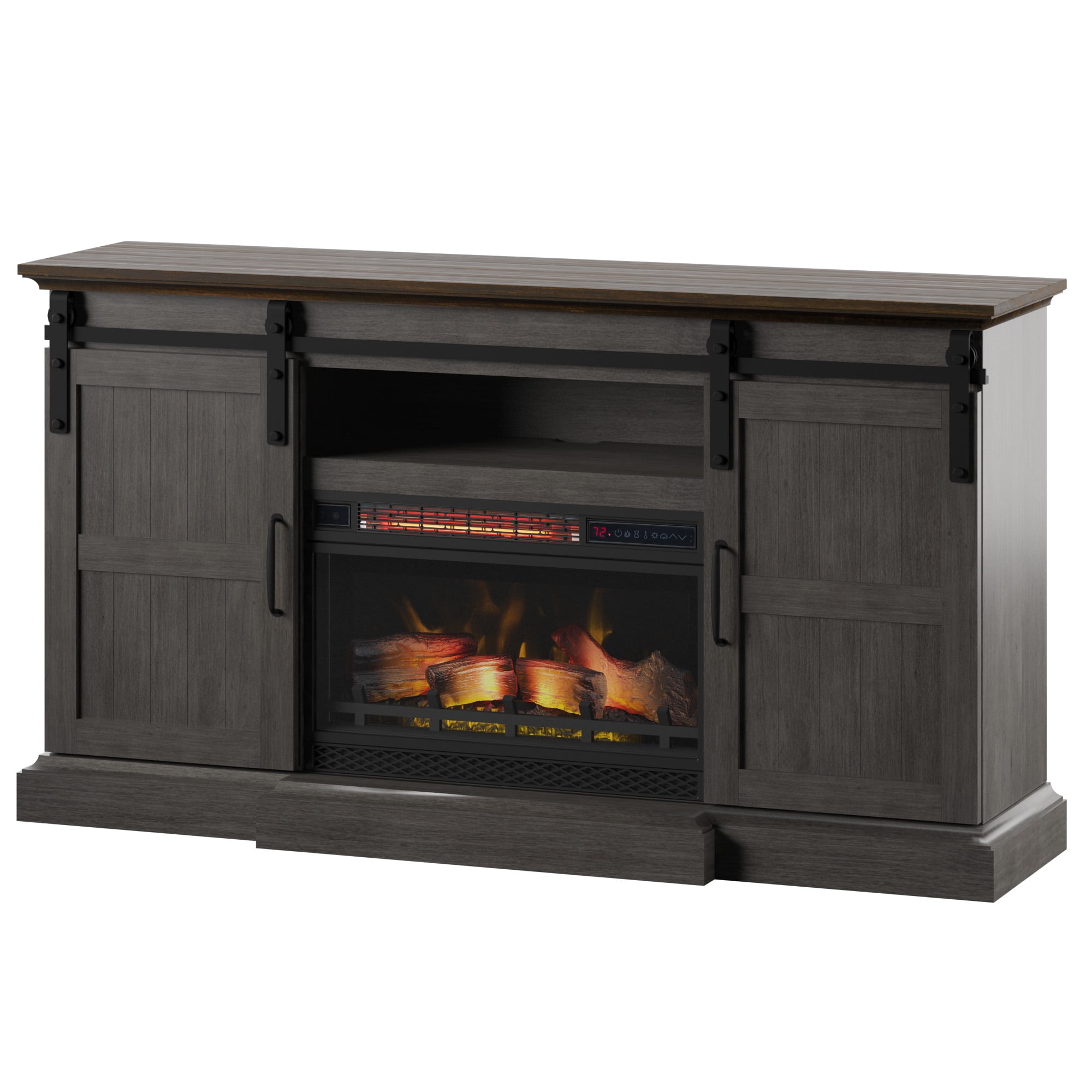 Twin Star Home Sliding Barn Door TV Stand for TVs up to 70” with Electric Fireplace in Gray