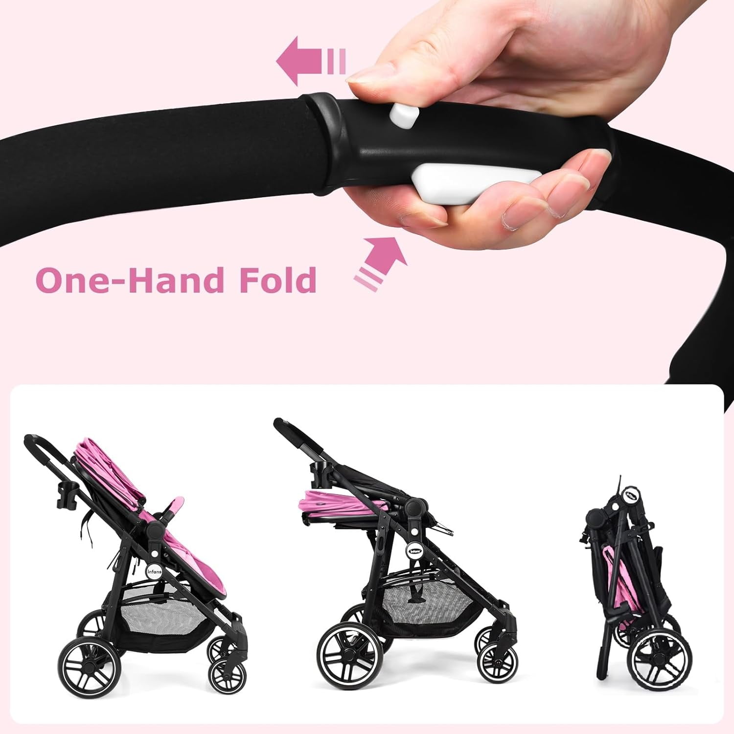 INFANS 2 in 1 Baby Stroller, High Landscape Infant Stroller, Foldable Pushchair with Adjustable Canopy, Cup Holder, Storage Basket, Suspension Wheels (Pink)