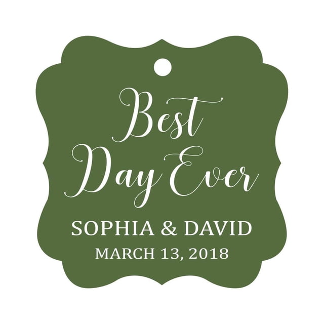 Darling Souvenir Personalized Fancy Frame Wedding Gift Tags 'Best Day Ever' Custom Name & Date Favor Hang Tags-Olive Green-100 Tags