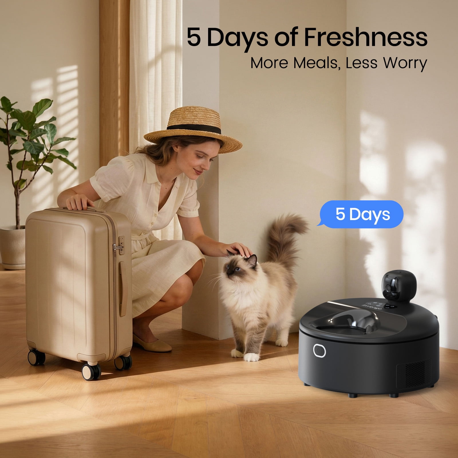 Smart Wet Food Feeder with Camera, Invengo Dual Semiconductor Cooling & Heating with 5 Stainless Steel Trays, Dual-band Wi-Fi APP Control, 5 Fresh Meals Pet Food Dispenser, Black