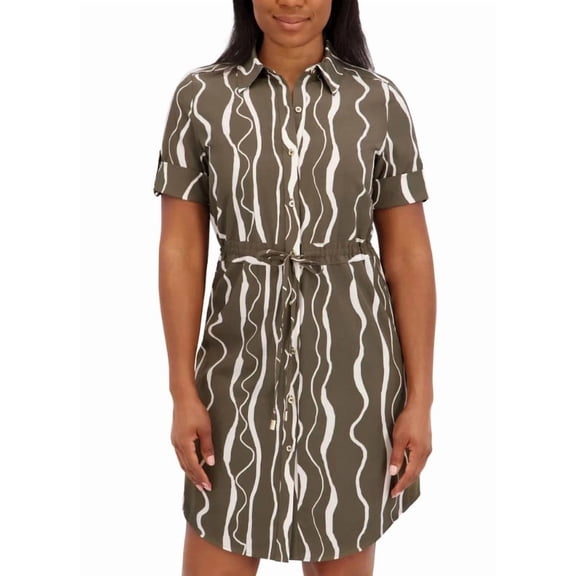 Halston Women's Short Sleeve Wavy Pattern Shirt Dress, Green XS
