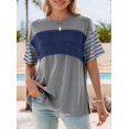 thumbnail image 4 of Womens Summer Oversized 2026 Crewneck Casual Color Block Striped Shirts Blouses Blue M, 4 of 9
