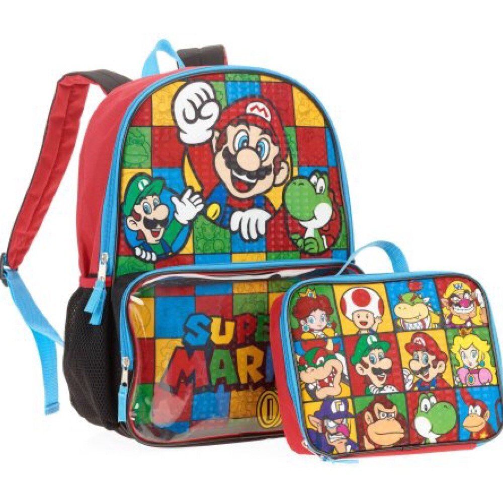 Super Mario Backpack with Clear Pocket Lunchbox Bag?