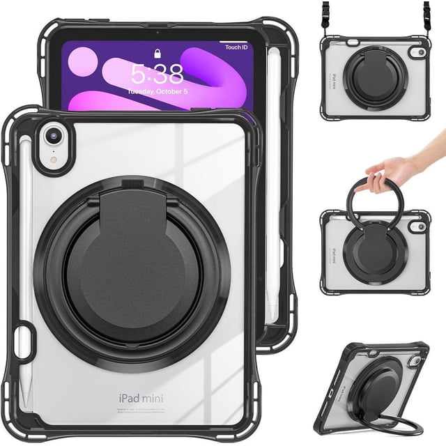 Case for iPad Mini 7 A17 Pro / Mini 6, iPad Mini 6th/7th Gen 2021 2024 8.3 Inch Shockproof Rugged Protective Cover with 360 Rotating Stand Pencil Holder Hand/Shoulder Strap Transparent Back