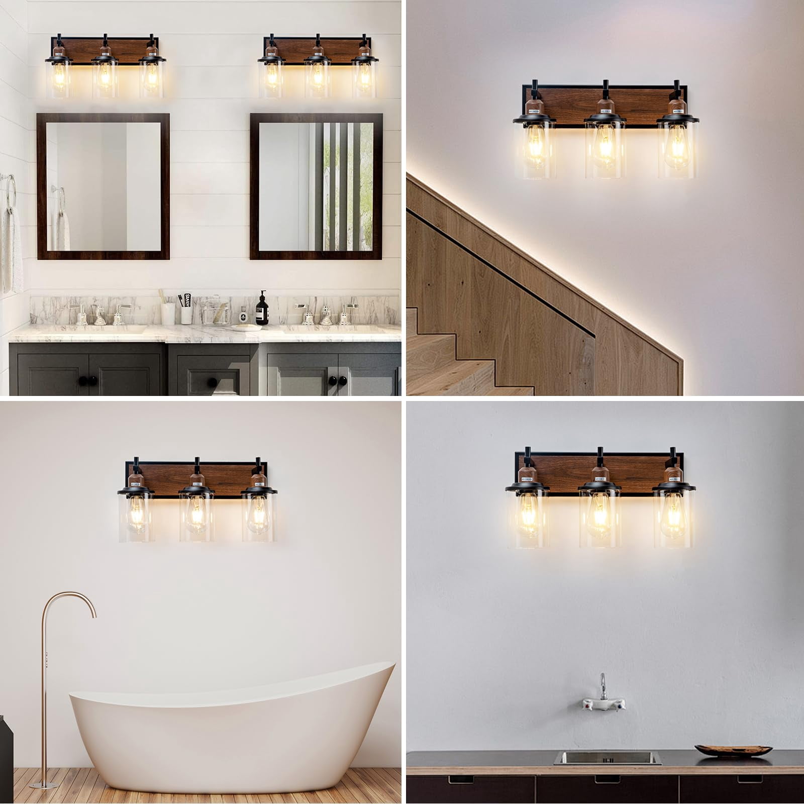 3-light Farmhouse Bathroom Light Fixtures Vintage Vanity Lights Over Mirror Black And Wood Painted Metal With Glass Shades E26 Socket