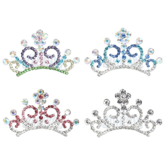 4PCS Crown Hair Combs Exquisite Rhinestone Inlaid Hair Clips Festival Perform Hair Accessories Birthday Crown Headdress for Kids Girl (Silver White, Silver Pink, Silver Blue, Silver Colorful)