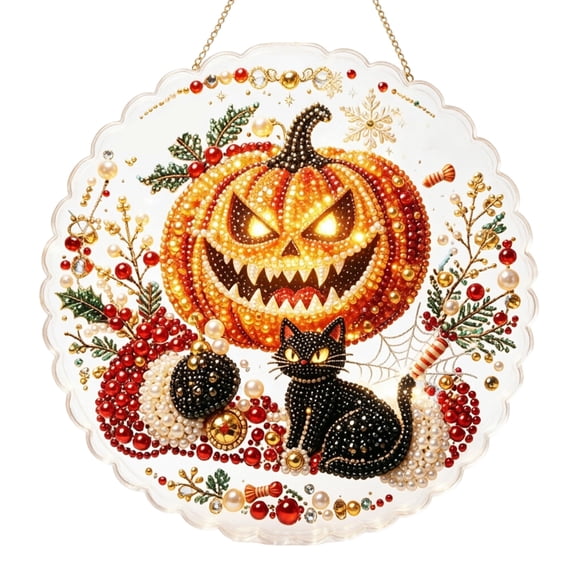 DIY Halloween Pearl Art Diamond Painting Suncatcher Kit Halloween Pearl Beads Art Craft for Adults & Beginners, Gemstone Hanging Ornament Board, Festive Home Decor (Pumpkin-Orange), 7.87in