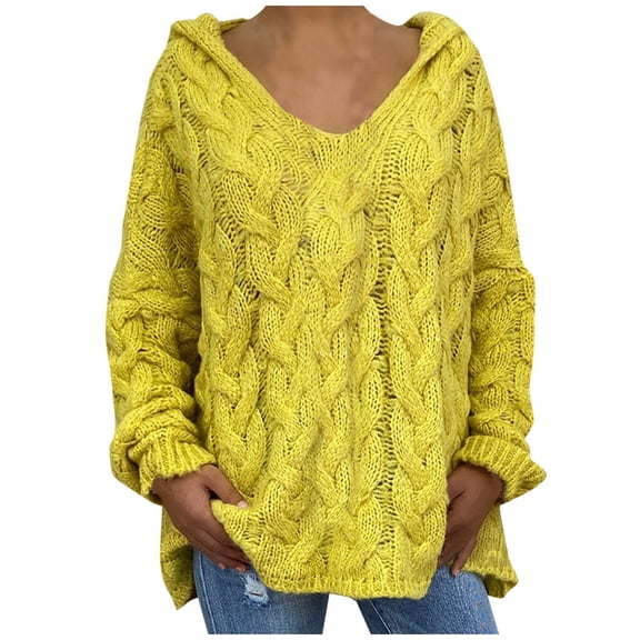 LBLOE Sweaters for Women Women Fashion Loose Large Size Solid Color Hood Long Sleeves Sweater Tops Yellow