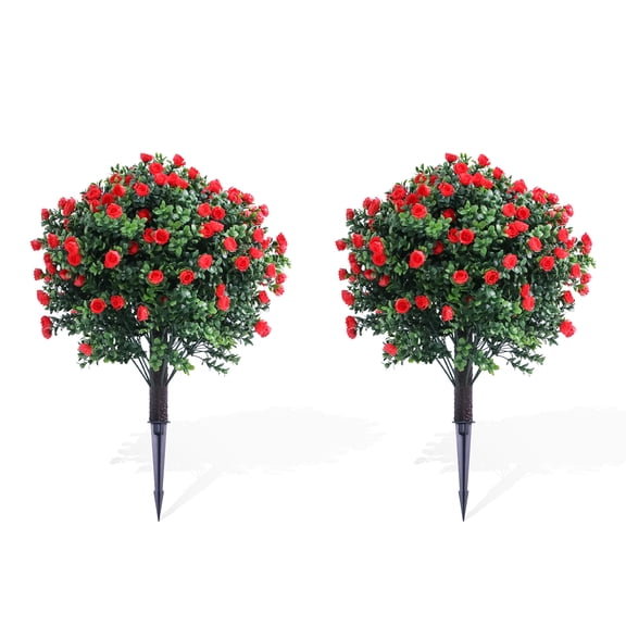 Artificial Rose Topiary Ball Trees with Ground Spike, 2 Pack 23.6Inches UV Resistant Artificial Shrubs, Fake Evergreen Artificial Plant Brush for Indoor Outdoor Front Porch Garden