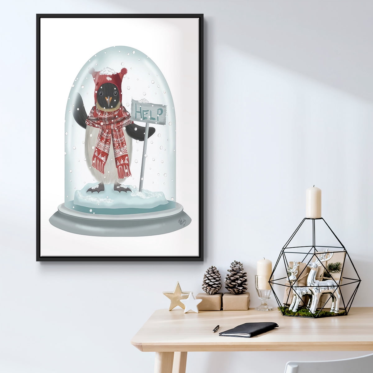 Christmas Penguin Snow Globe - Framed Gallery Wrapped Holiday Canvas - 17 x 25 - Black Frame