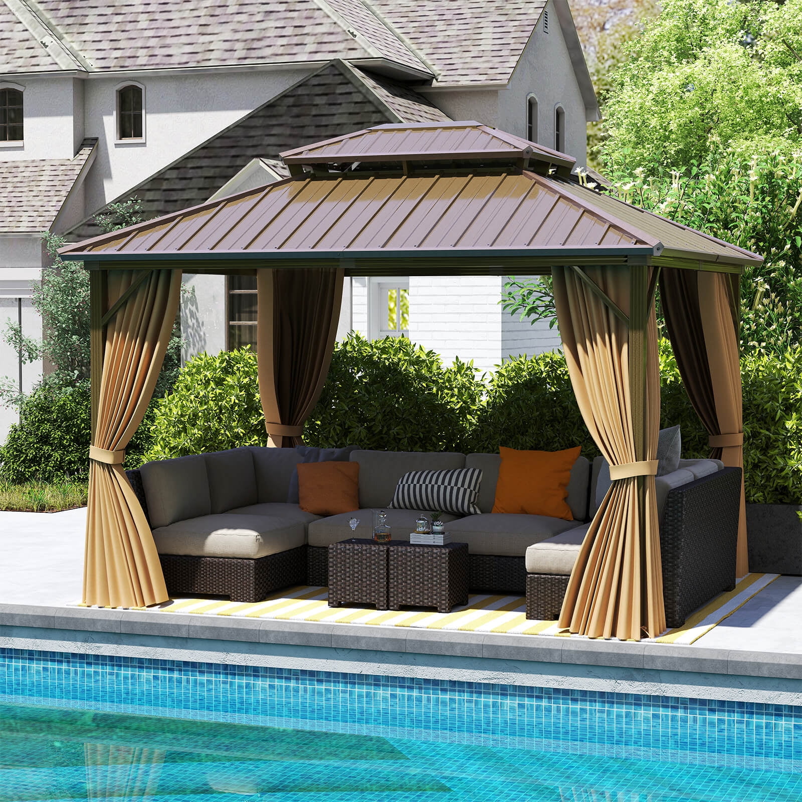 Costway 12 X 10 FT Hardtop Gazebo with  Netting Heavy-Duty Double-Roof Galvanized Metal Top