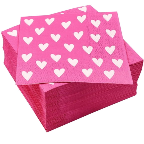Heart Paper Napkins for Valentines Party Decor (Hot Pink, 6.5 In, 100 Pack)