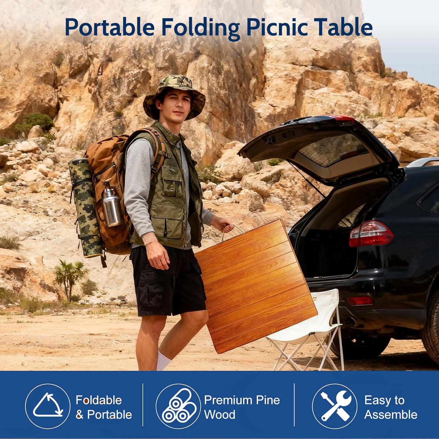 60" x 30" Foldable Boho Low Picnic Table, Solid Wood Beach Table with Adjustable Legs, Portable Indoor & Outdoor Floor Table for Picnic, Camping, BBQ, Wedding, Patio & Family Gatherings