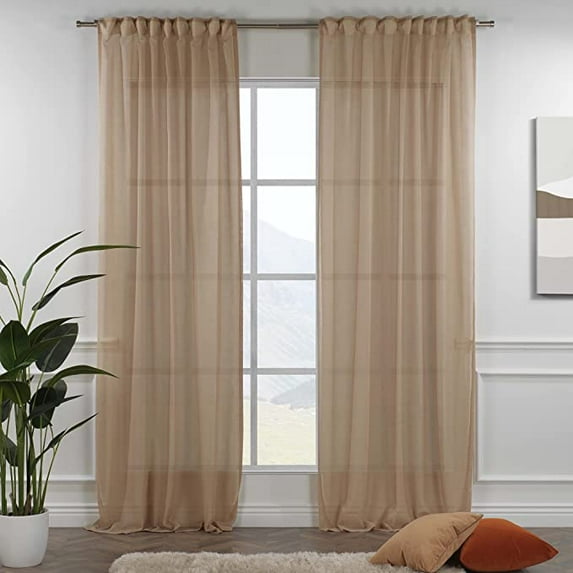 3S Brother's Brown Linen Look Extra Long Set of 2 Panels Sheer Curtains Rod Pocket & Back Tab Home Décor Window Custom Made Drapes 10-30 Ft. Long -Made in Turkey Each Panel (52"W x 300"L)