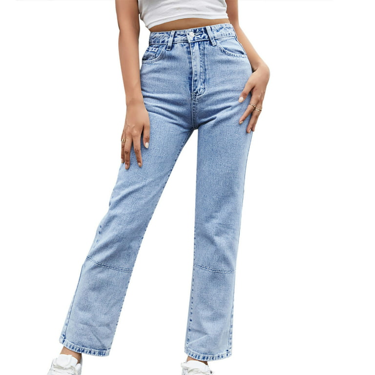 Straight Leg Jeans for Women Denim Pants High Waisted Boyfriend Stretch  Baggy Casual Petite Relaxed Fit Ankle Slacks (L, Light Blue-A) 