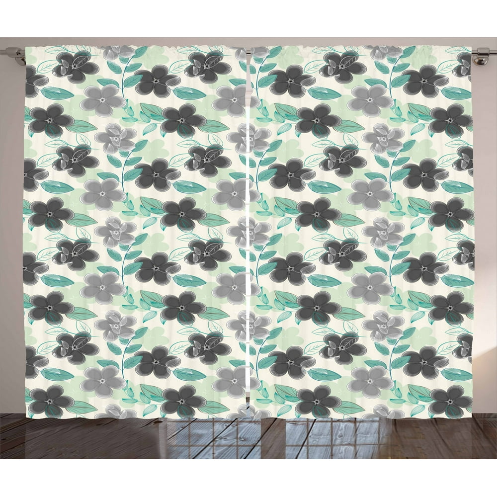 Floral Curtains 2 Panels Set, Abstract Nostalgia Pattern with Retro