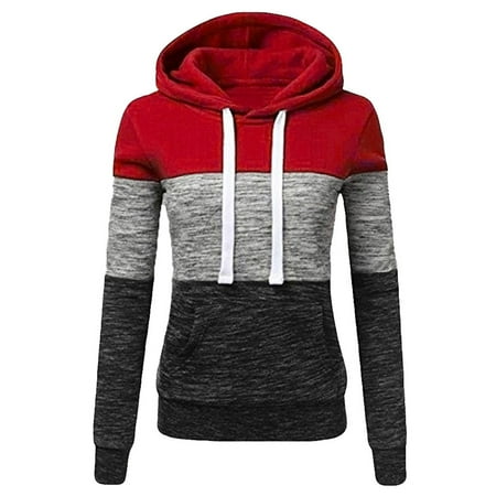 Women s Color Block Hoodie Trendy Slim Fit Fleece Drawstring Pullover Hooded Winter Sweatshirt Tops with Pockets (XXL  Red)
